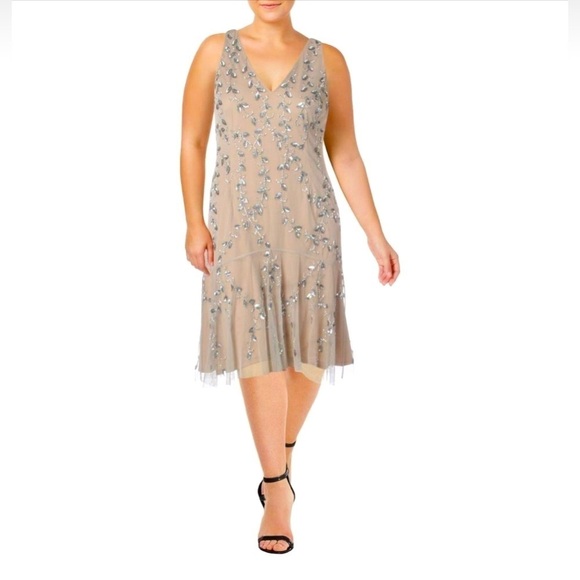 NEW! ADRIANNA PAPELL Sleeveless Knee Length Dress Sequins Beads Nude Pink SZ 12 - Picture 1 of 13